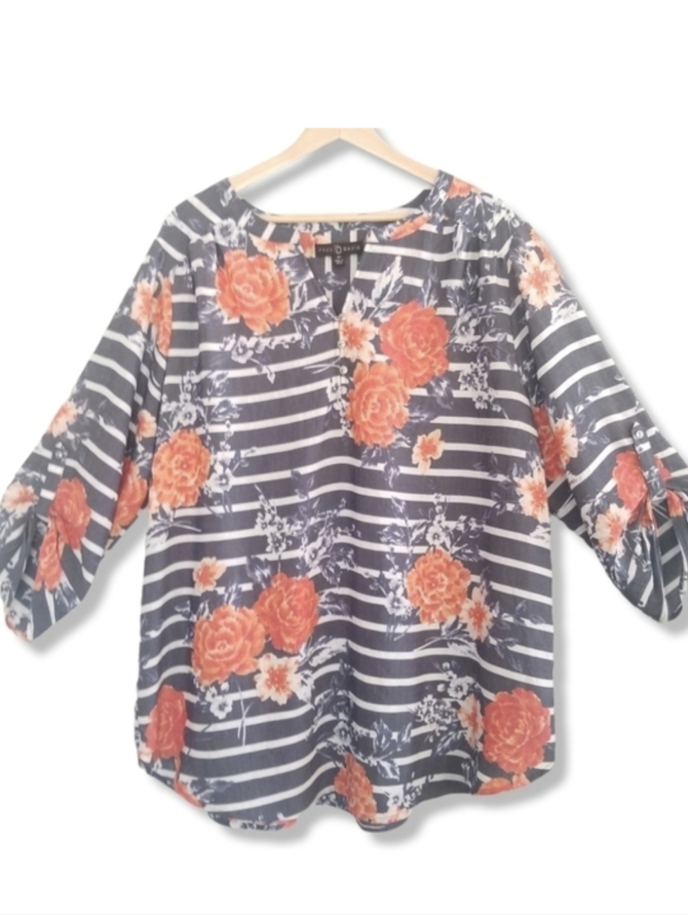 Fred David Striped‎ Floral Blouse 2X Plus Curvy Roll Tab Sleeves